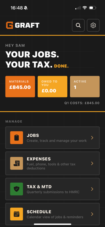 Graft app – home screen showing materials, owed-to-you, active jobs, and the manage menu