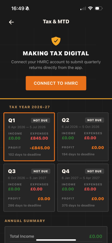 Graft Tax & MTD screen – Connect to HMRC, with Q1–Q4 quarterly cards for tax year 2026-27