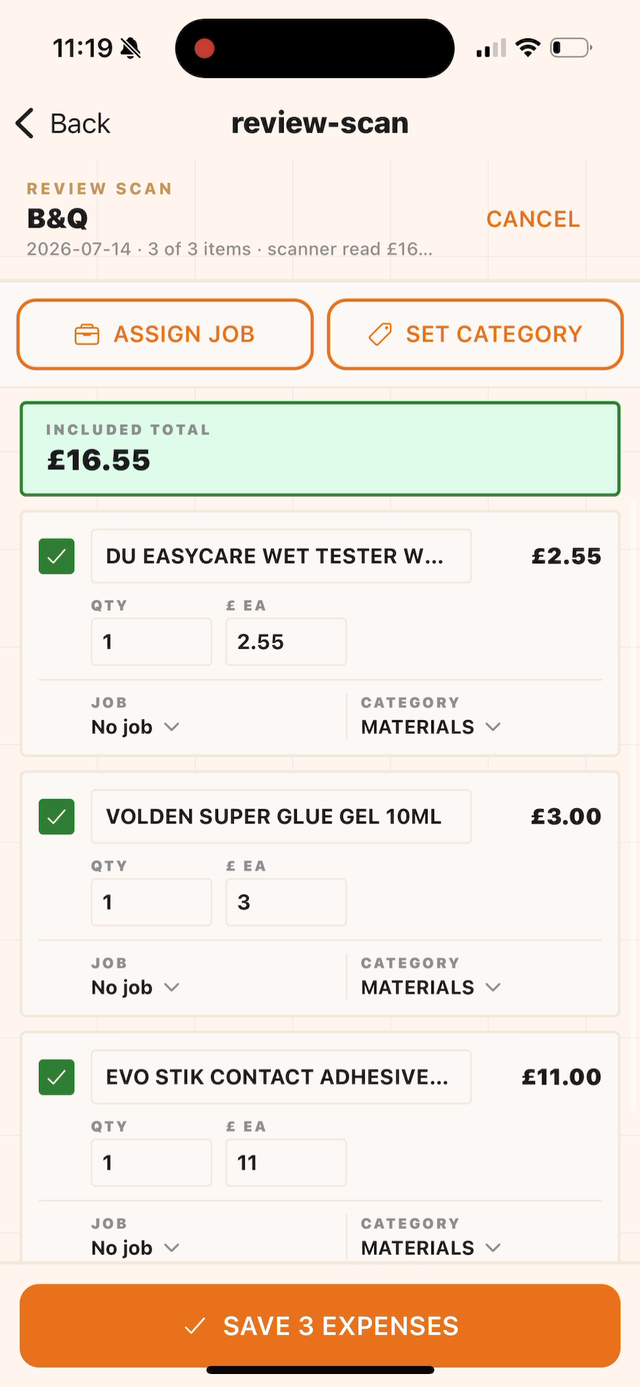 Graft's AI receipt scanner turning a B&Q receipt into categorised expense lines